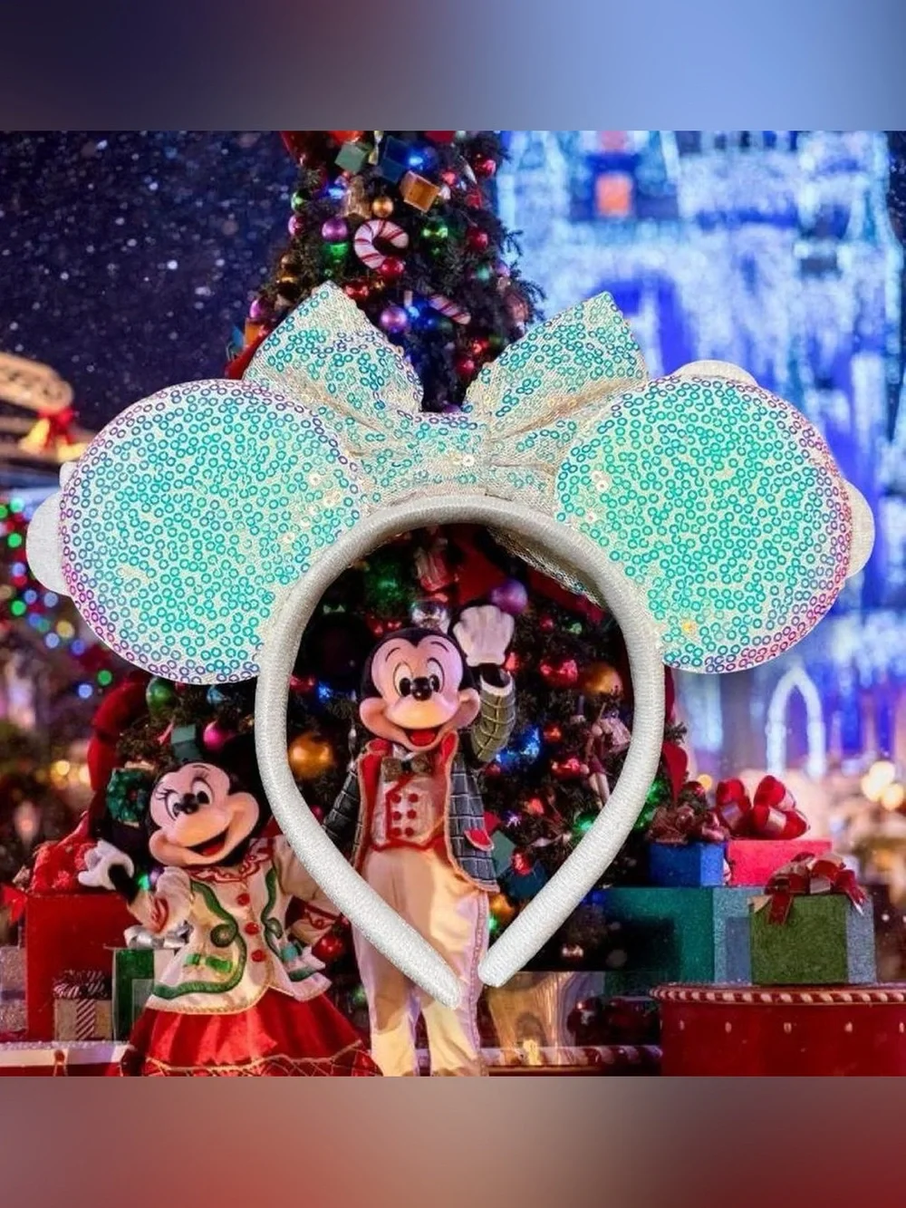 Disney Christmas Theme Sequin Bow & Brown Glitter Mickey Ear Headband